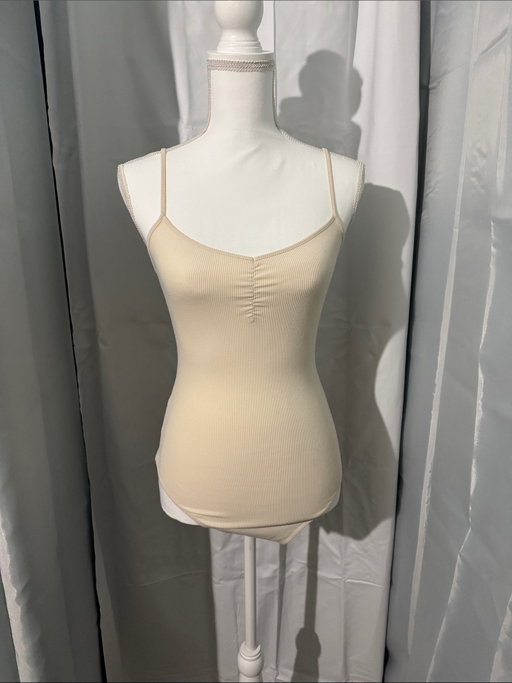 Women's Cream Ribbed Spaghetti Strap Bodysuit